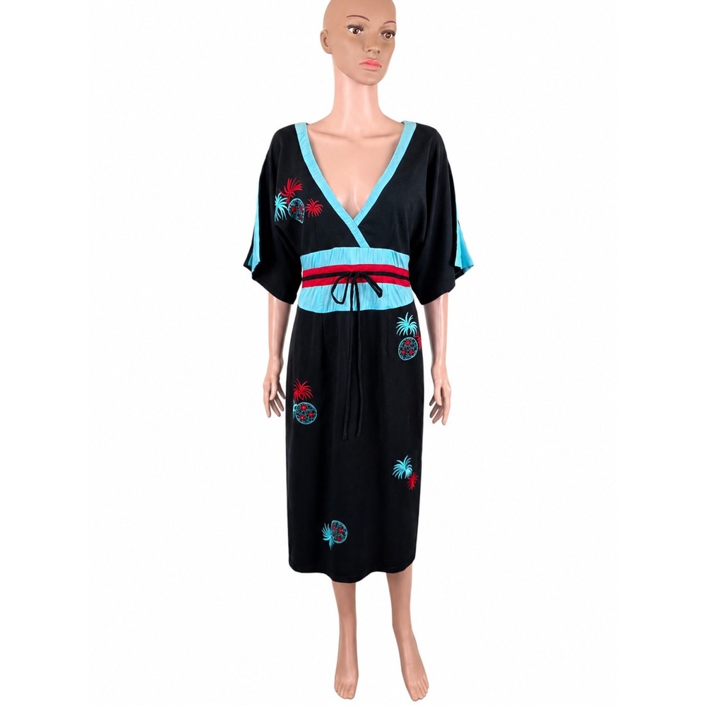 Romyda Keth Black Embroidered Midi Dress Small Kimono Sleeve Asian Designer